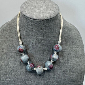 Vintage Painted Handpainted flowers Ceramic Bead Necklace Unique Grey Red
